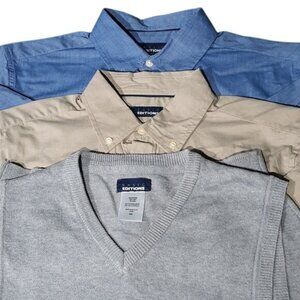 Basic Editions Men Small Shirt Vest Bundle Blue Tan Grey
